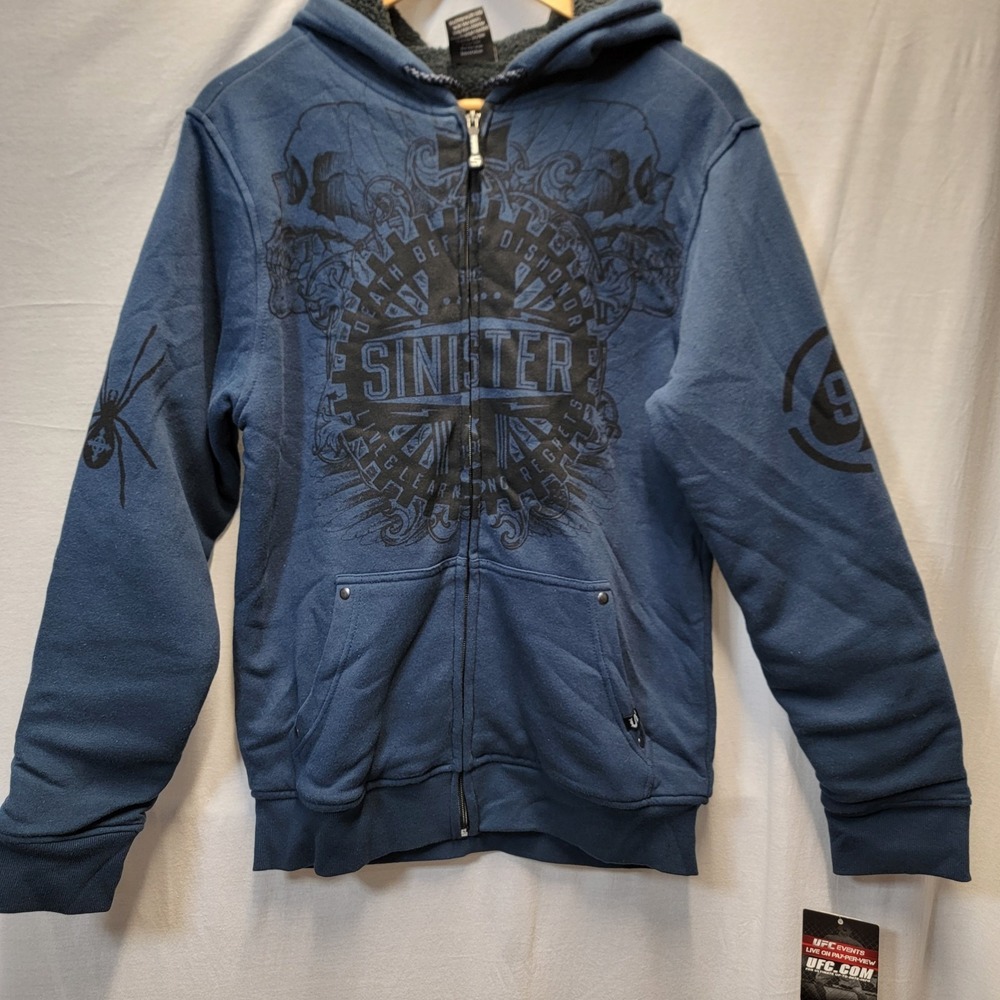 K-mart Sinister Ufc  Brand Thick Full Zip Hoodie Y2k Navy Affliction Style Mediu